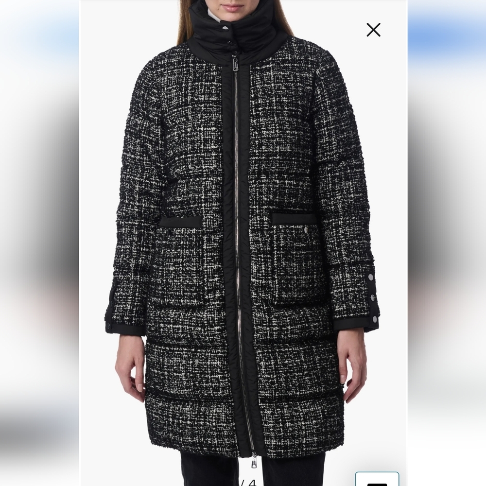 New!Reversible Mixed Media Puffer Coat with Removable Funnel Collar Outdoors